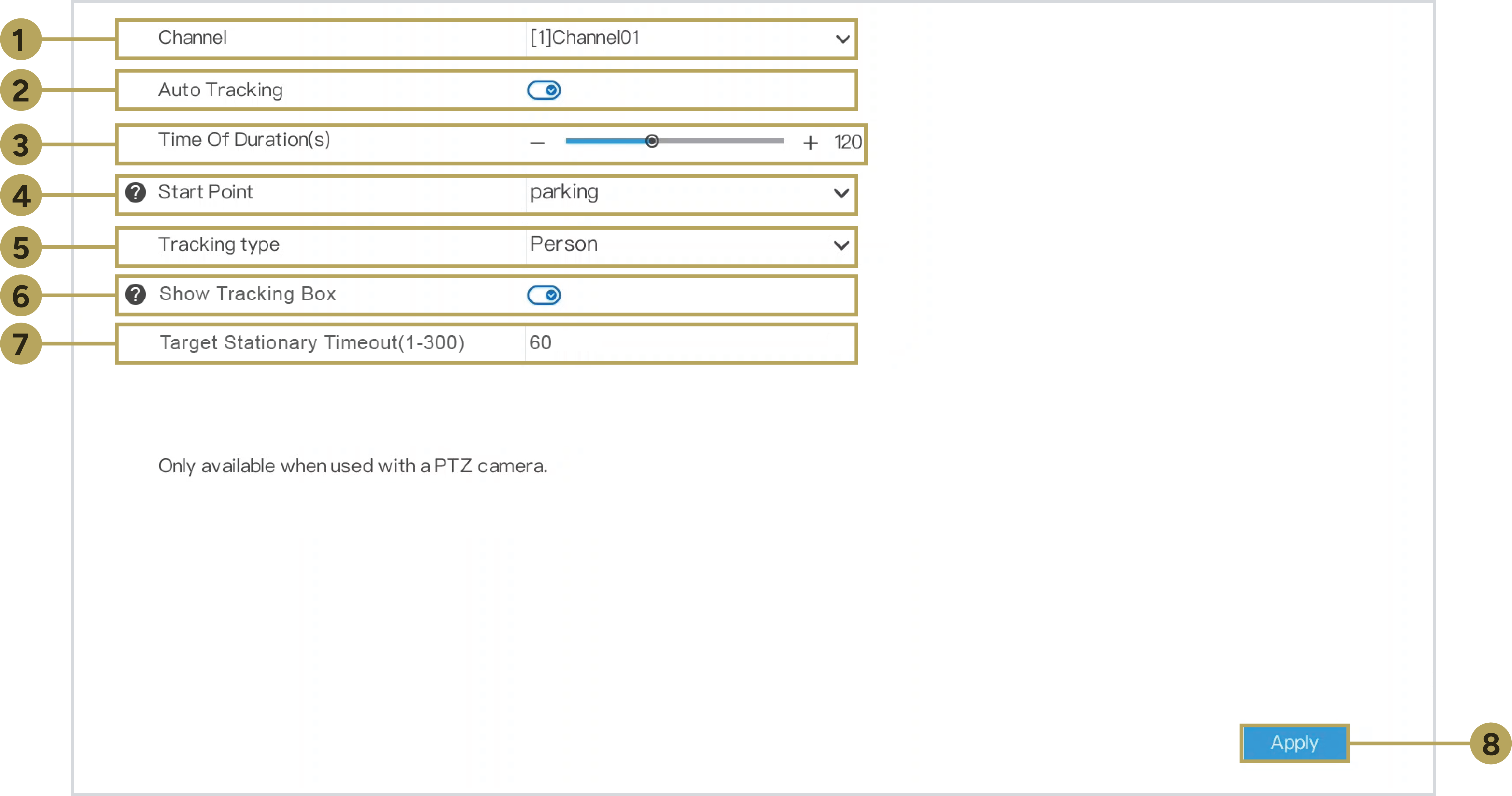 Auto Tracking menu showing Channel, Auto Tracking, Start Point, Tracking Type and tracking settings.