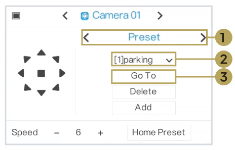 Go To button for recalling a PTZ preset