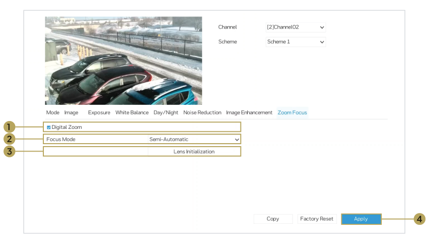 NVR Image > Zoom Focus menu showing Focus Mode, Auto Focus Once and Lens Initialization.