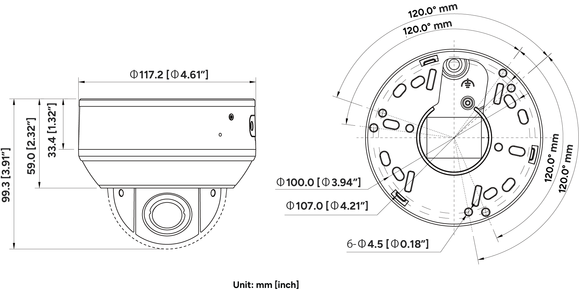 Mini PTZ dimensions diagram showing side view, diameter, height and mounting base hole pattern.