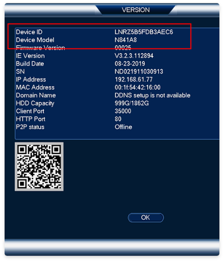 Example of where to find device model number from your recorder screen