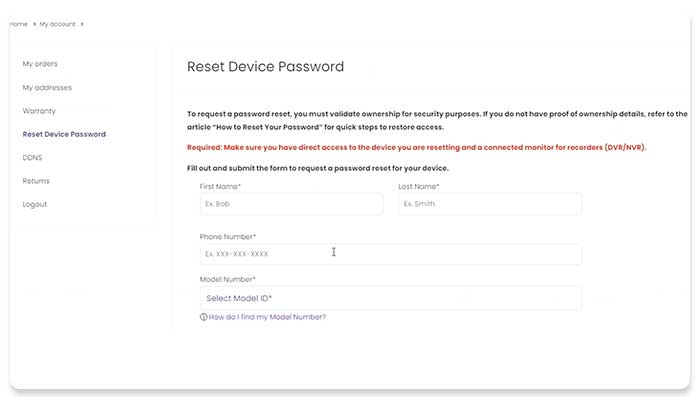 Password recovery screen from Lorex App