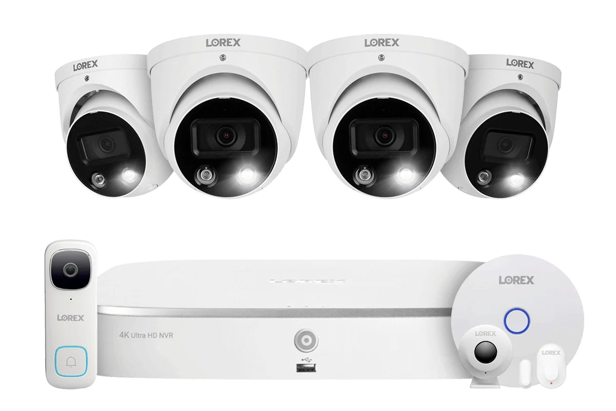 Lorex Fusion 4K 16-Channel (8 Wired + 8 Wi-Fi) 2TB NVR System with 4 Active Deterrence Dome Cameras, 2K Wired Doorbell and Sensor Kit