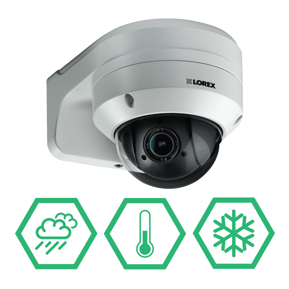 Weatherproof PTZ security camera with extreme temperature tolerance